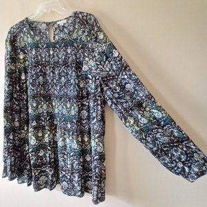 J. Jill XL Ikat Smocked Key Hole Round Neck Long Sleeve Womens Tunic Blouse